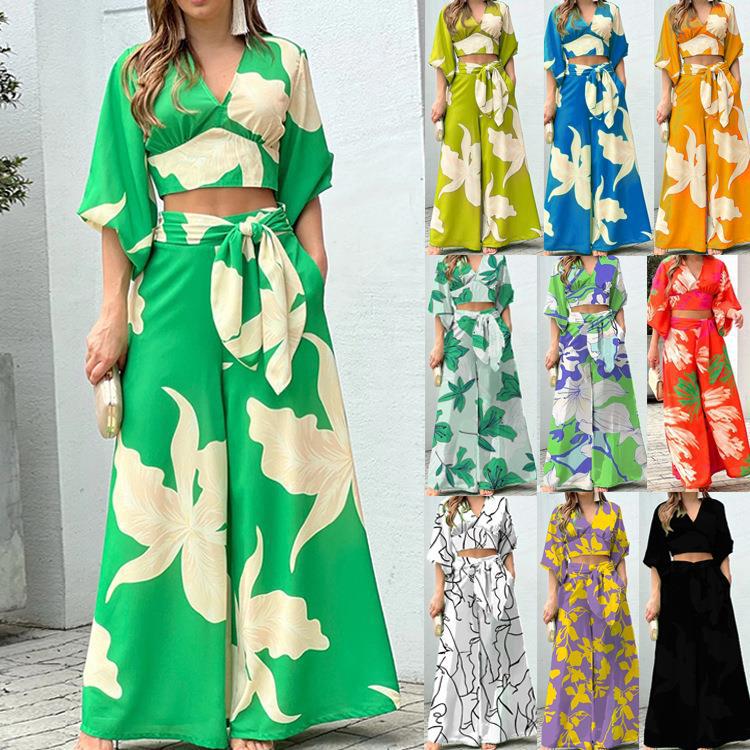 Ensemble d'été deux pièces pour femmes avec crop-top à nouer et pantalons palazzo taille haute EB