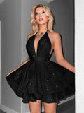 Robe Mini Glamour Joueur pour Femmes avec Décolleté en V Profond et Jupe Flottante R&B