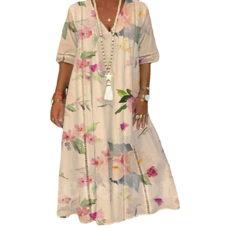Robe mi-longue kaftan fluide pour femmes avec décolleté en V, bandes ajourées et qualité légère en mélange de lin R&B