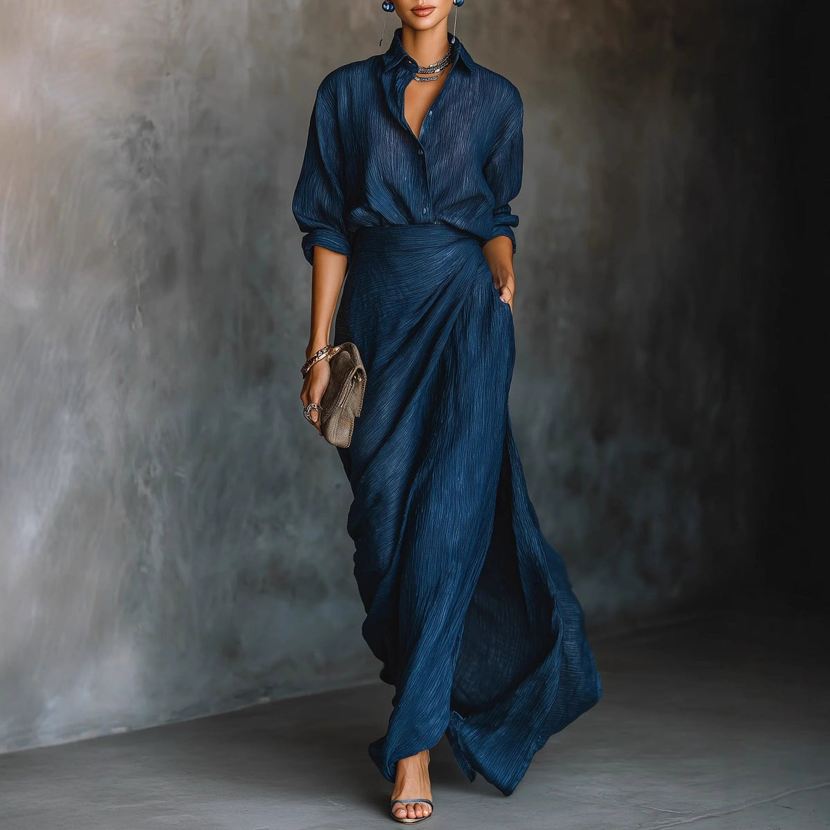 Jupe Maxi Drapée pour Femmes avec Effet Enveloppant et Texture Crinkle Echoarchiv