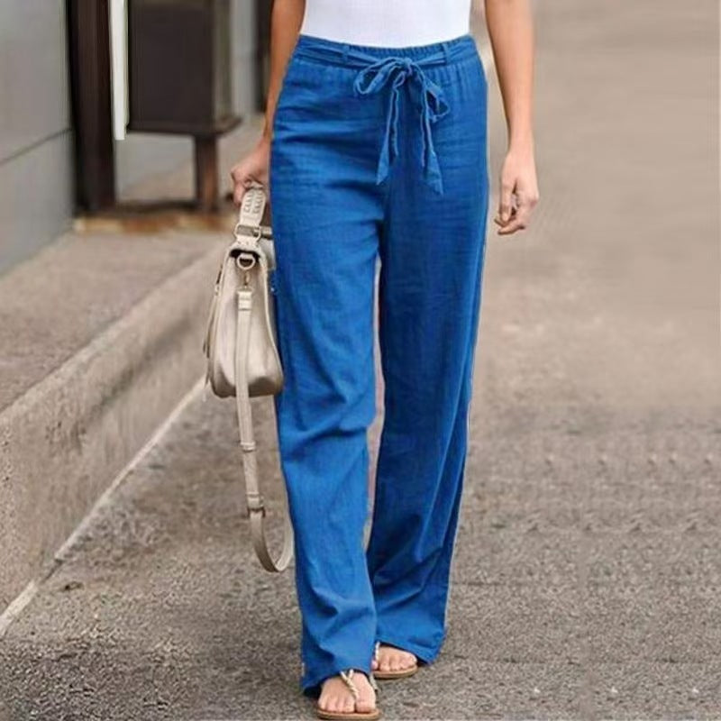 Pantalon large de lounge pour femmes avec taille élastique haute et cordon décoratif
