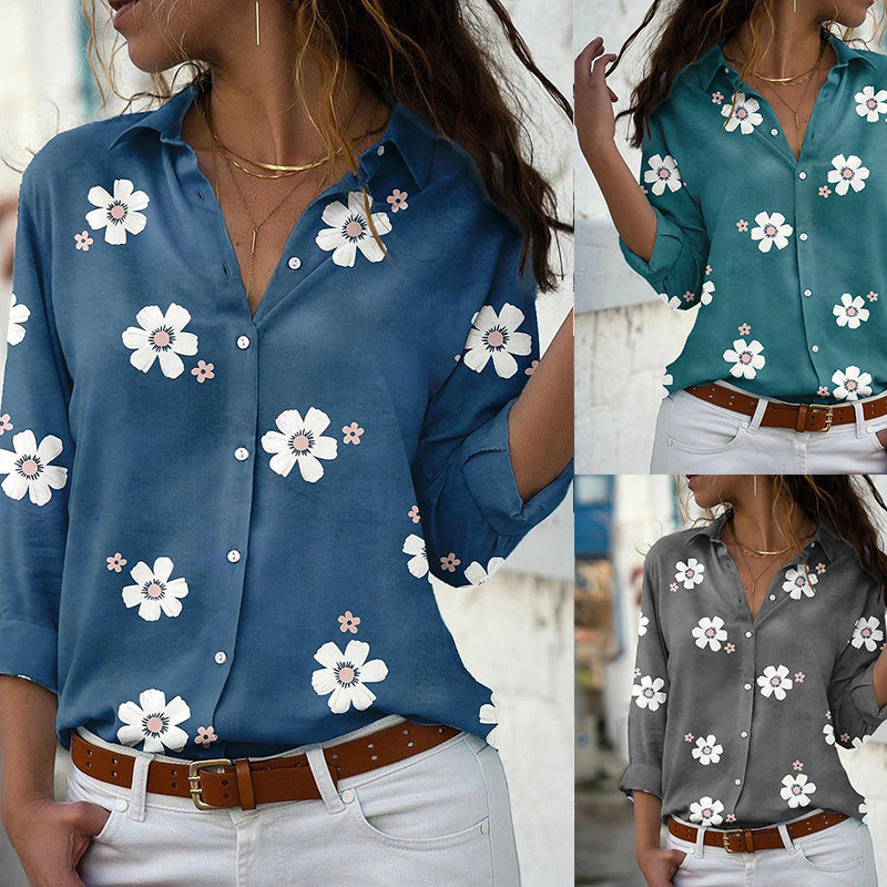 Blouse pour femmes avec motif floral, col chemise et coupe décontractée Echoarchiv