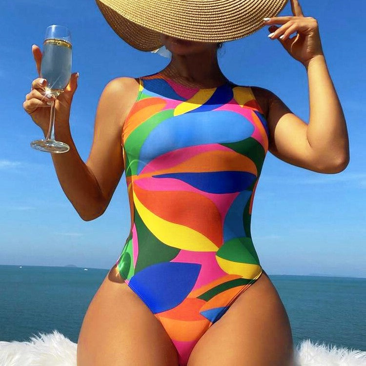 Maillot de bain une pièce sportif pour femmes avec motif de feuilles colorées Drune