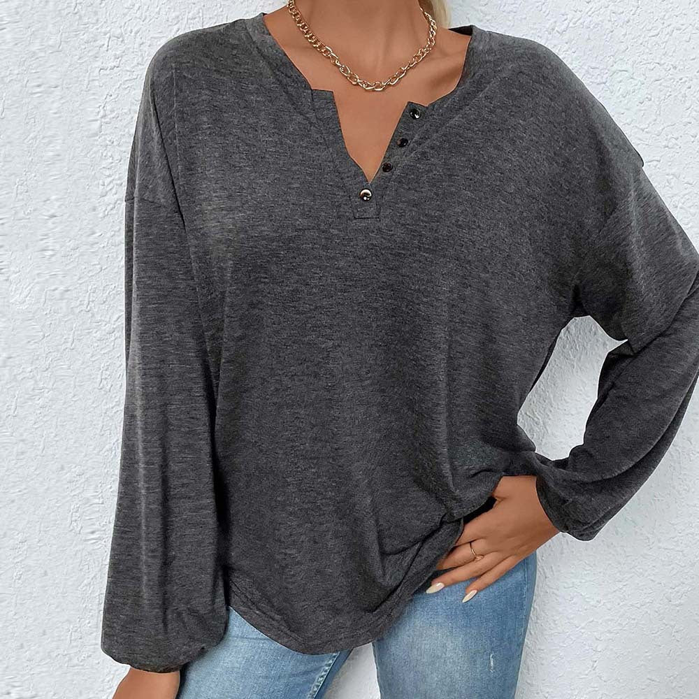 T-shirt long Henley oversize décontracté pour femmes avec patte de boutonnage en V et manches ballon