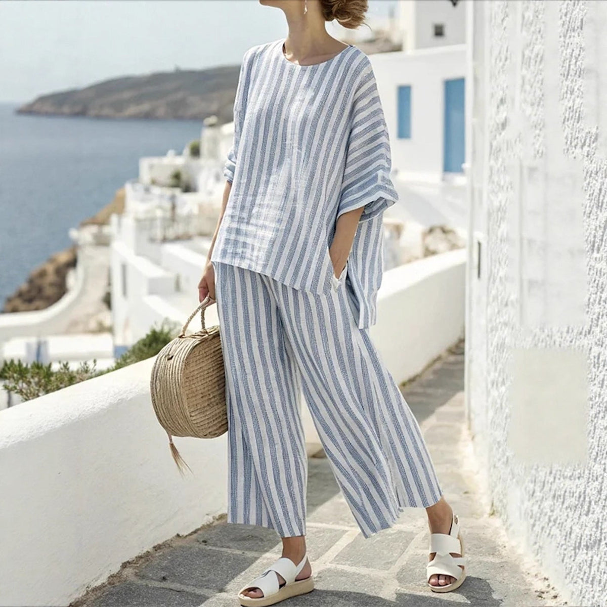 Ensemble de lounge en lin à rayures pour femmes, composé d'une blouse oversize et d'un palazzo taille haute