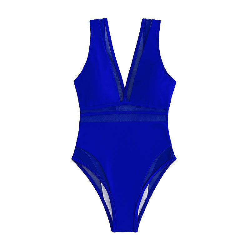 Maillot de bain une pièce pour femmes avec décolleté V profond et inserts transparents R&B