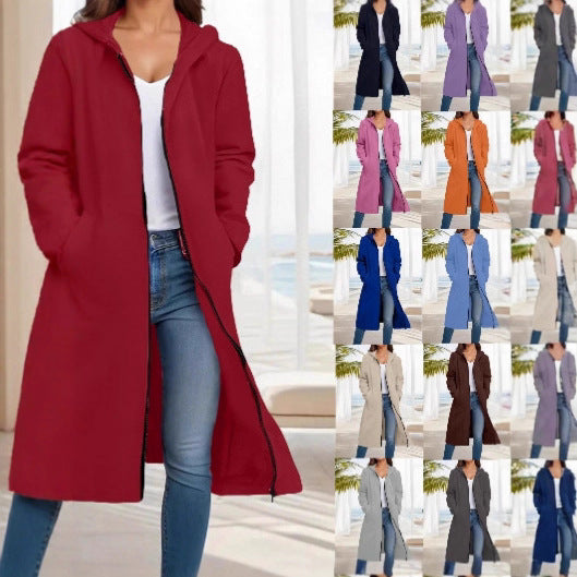 Manteau long à capuche pour femmes avec fermeture éclair intégrale et coupe A décontractée Echoarchiv