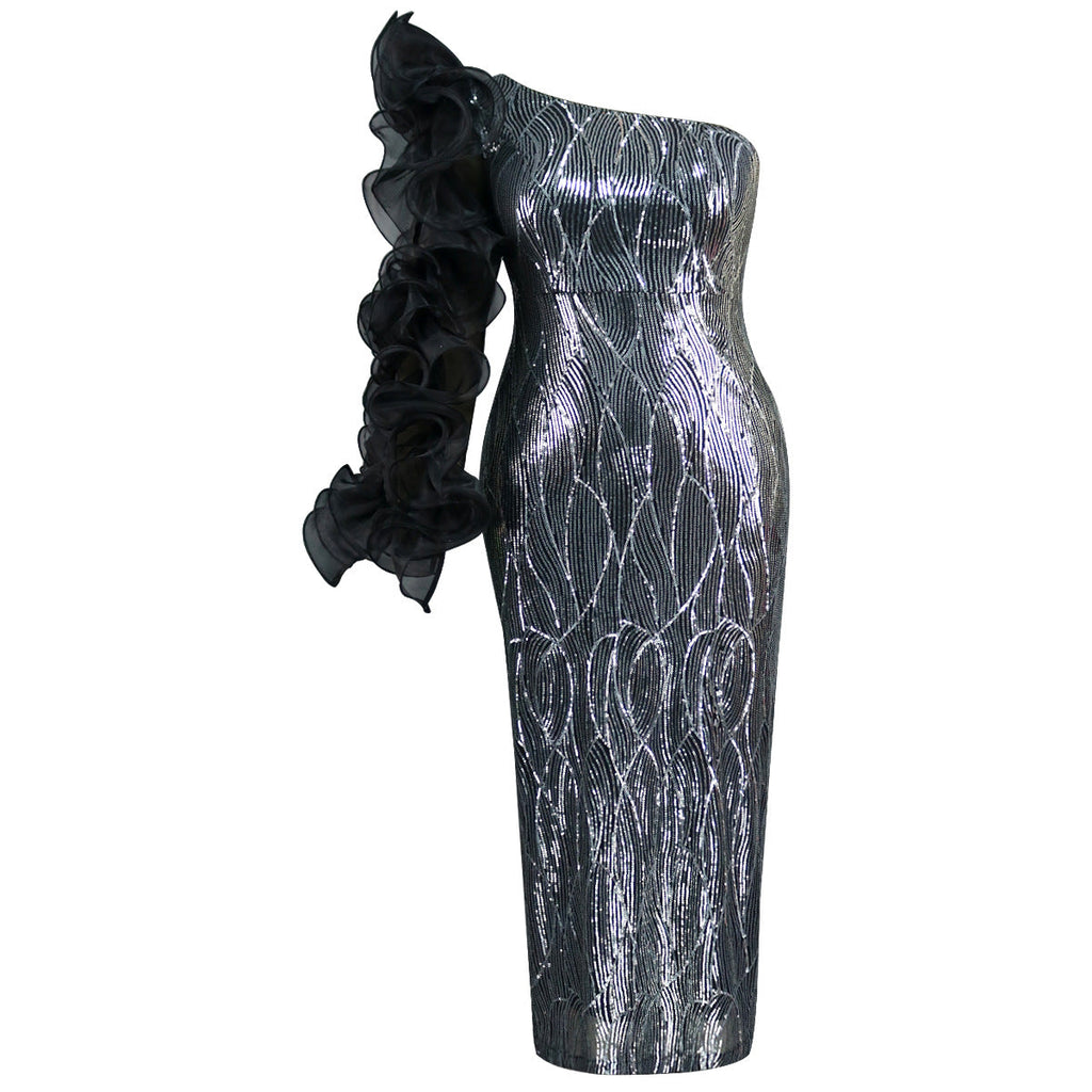 Robe de soirée glamour pour femmes avec design sans épaules et manches volumineuses R&B