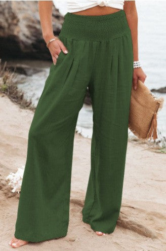 Pantalons larges smockés taille haute en mélange de lin pour femmes Echoarchiv
