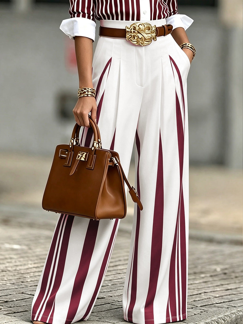 Pantalon palazzo large taille haute pour femmes avec rayures verticales et plis marqués Echoarchiv
