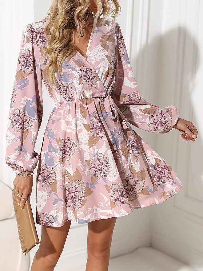 Robe Mini-Fleurie à Enveloppement pour Femmes avec Décolleté en V, Ceinture à Nouer et Manches Ballon Longues Echoarchiv
