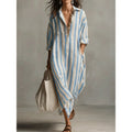 Robe chemise longue à rayures pour femmes en look lin avec décolleté en V et poches passepoilées Echoarchiv