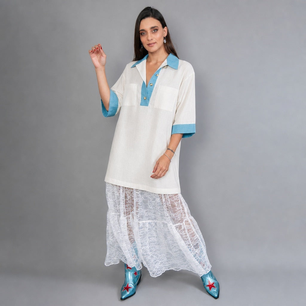 Tunique polo oversize pour femmes avec col contrasté et poches poitrine plaquées