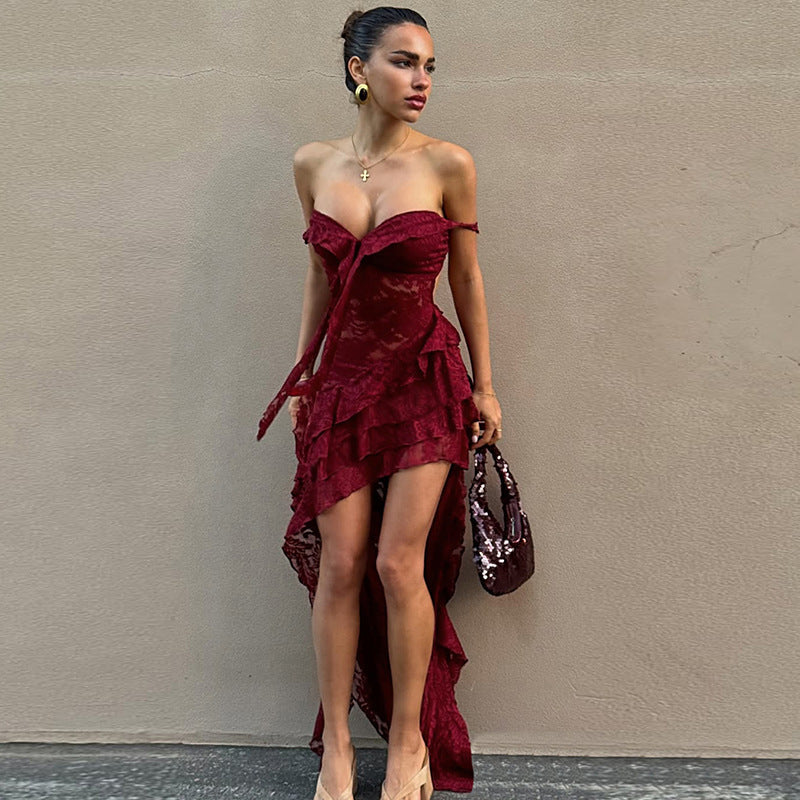 Robe asymétrique en dentelle pour femmes avec détails en volants R&B