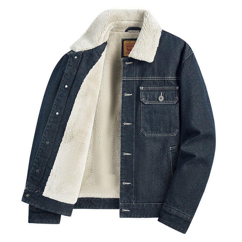 Veste en denim chaude pour hommes avec col en fausse fourrure