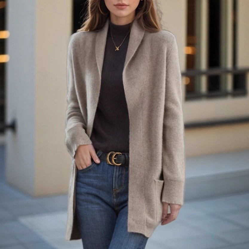 Cardigan long ouvert pour femmes en tricot doux avec poches plaquées
