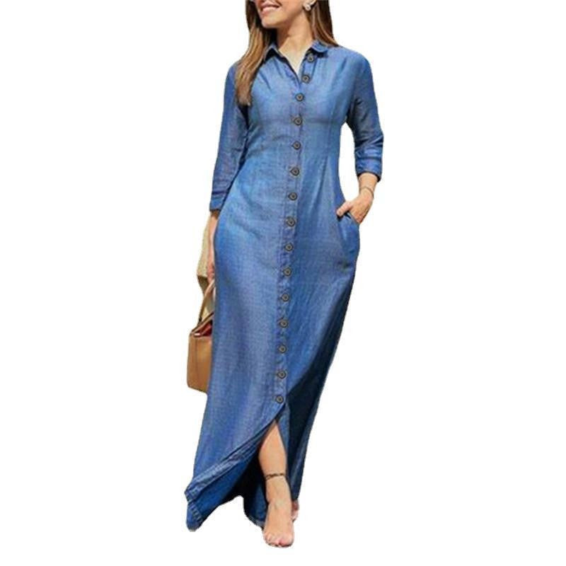 Robe maxi femme, robe chemise avec boutons et poches latérales
