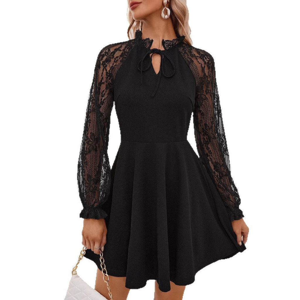 Robe patineuse cintrée pour femmes avec manches transparentes en dentelle, col montant et nœud R&B