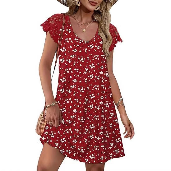 Robe d'été pour femmes avec des manches en dentelle élégantes et un motif floral R&B