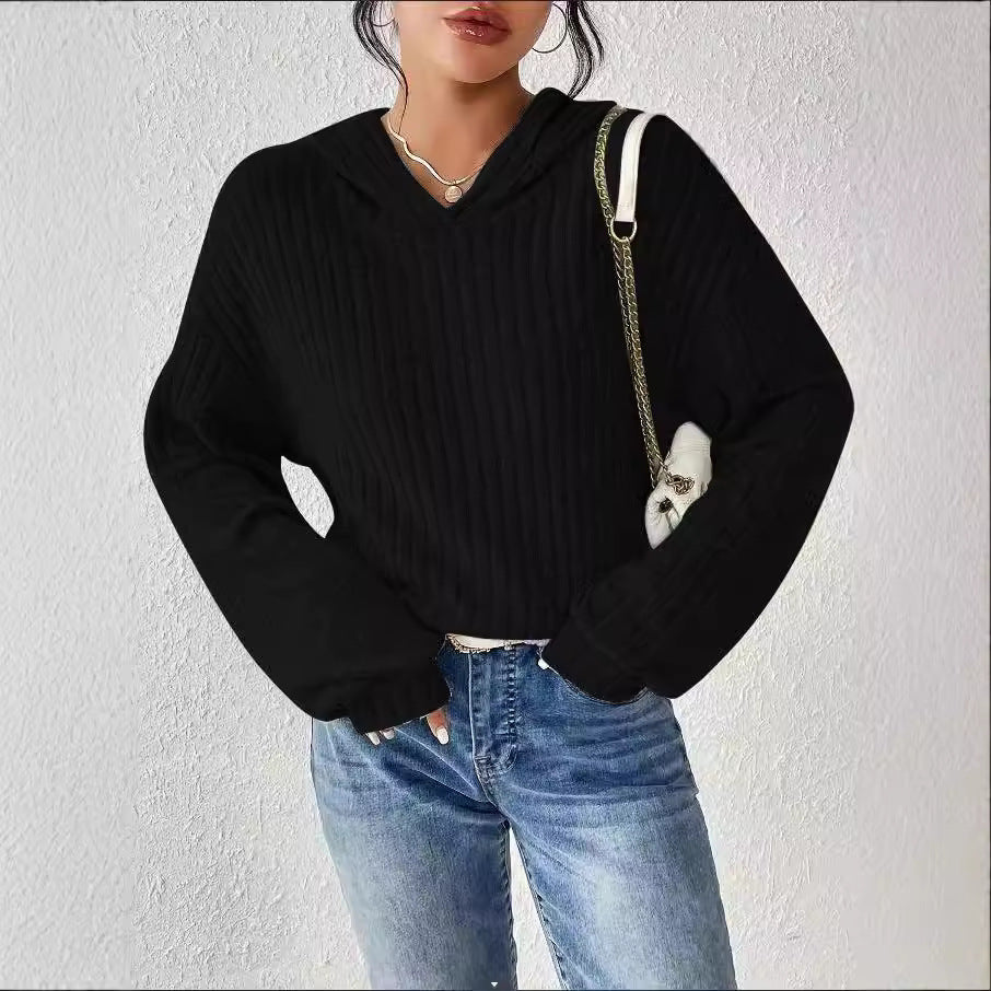 Pull à capuche côtelé pour femmes avec silhouette cropped décontractée Echoarchiv