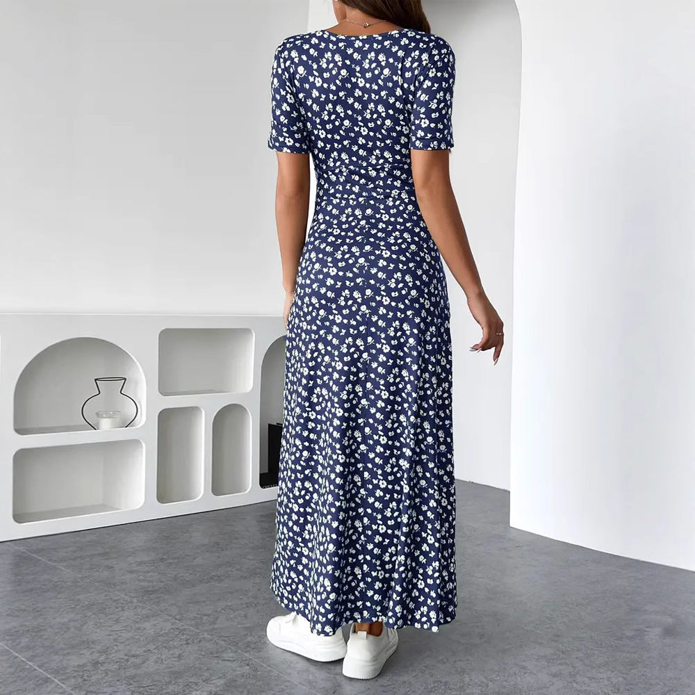 Robe midi en jersey cintrée pour femme avec haut croisé, manches courtes et jupe évasée R&B