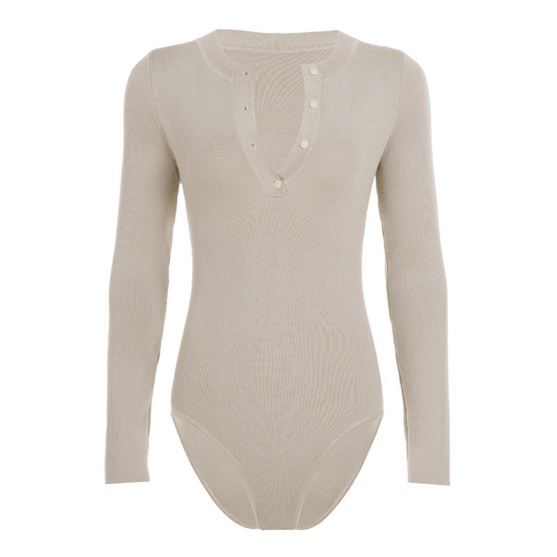 Body à manches longues pour femmes avec patte de boutonnage et texture côtelée R&B