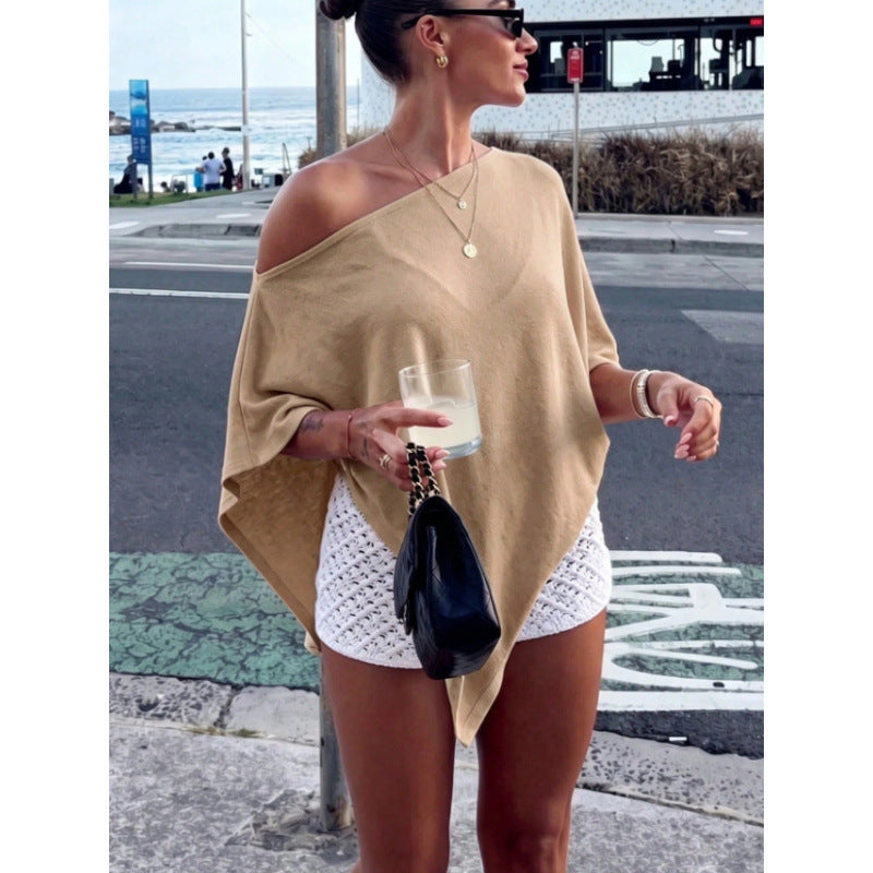 Top poncho asymétrique à épaules nues pour femmes en tricot léger Echoarchiv