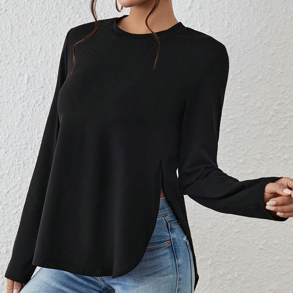 T-shirt à manches longues pour femmes avec fentes latérales, col rond et coupe décontractée