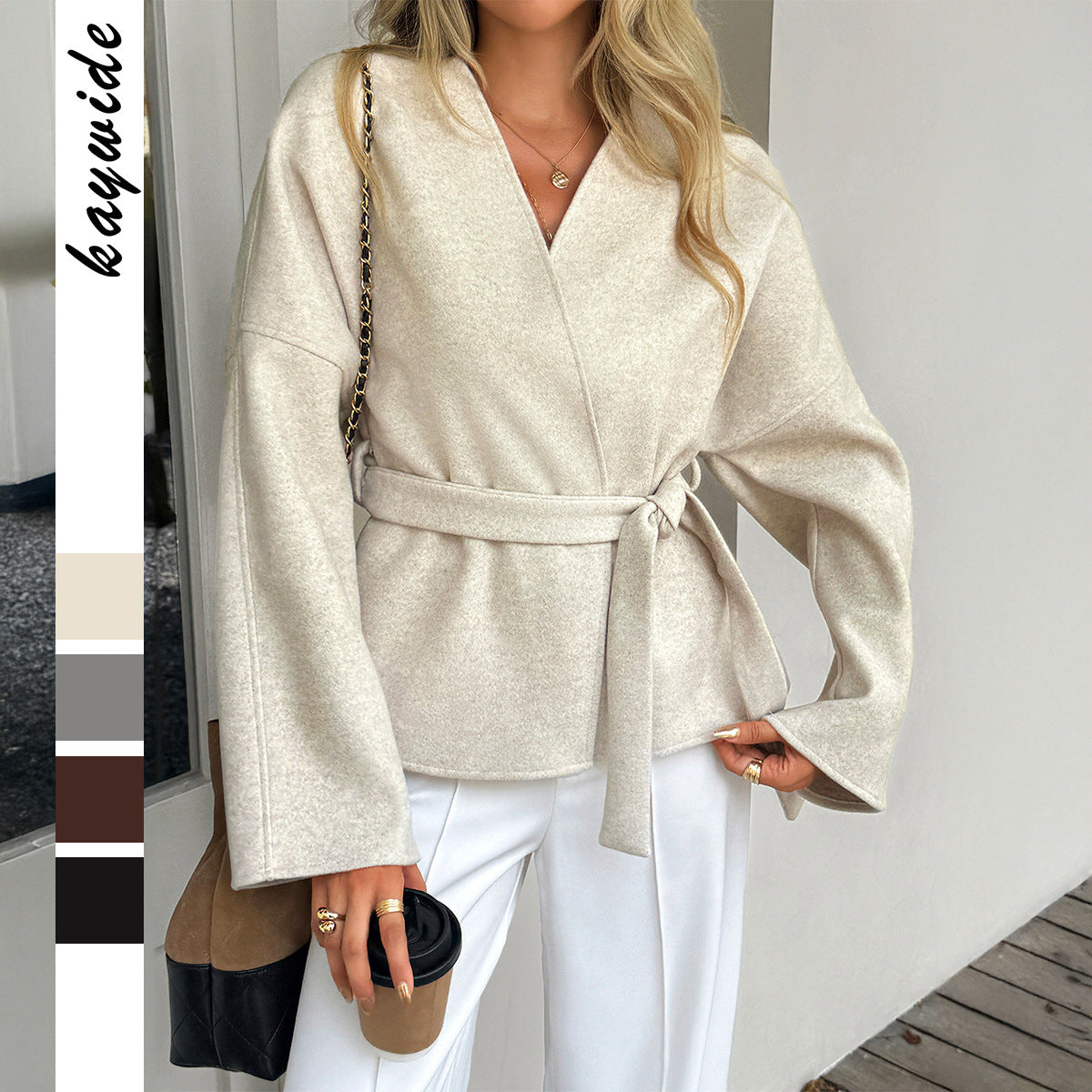 Manteau en mélange de laine cintré pour femmes avec manches kimono et ceinture Echo Archiv