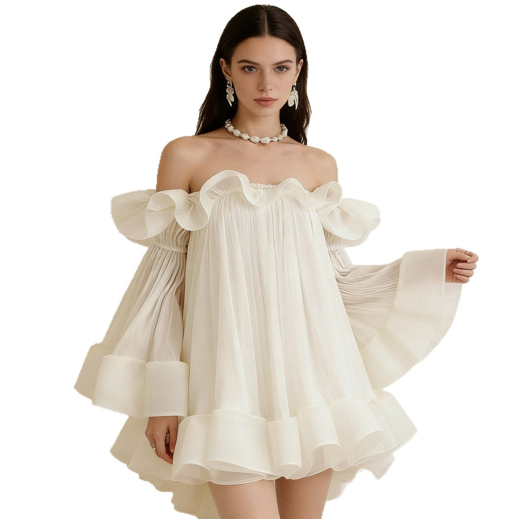 Robe mini romantique et ludique pour femmes avec volants et design sans épaules R&B