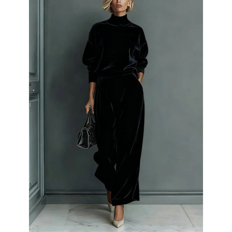 Ensemble de Loungewear en Velours à Deux Pièces pour Femmes avec Col Montant et Pantalon Palazzo Plissé Echoarchiv
