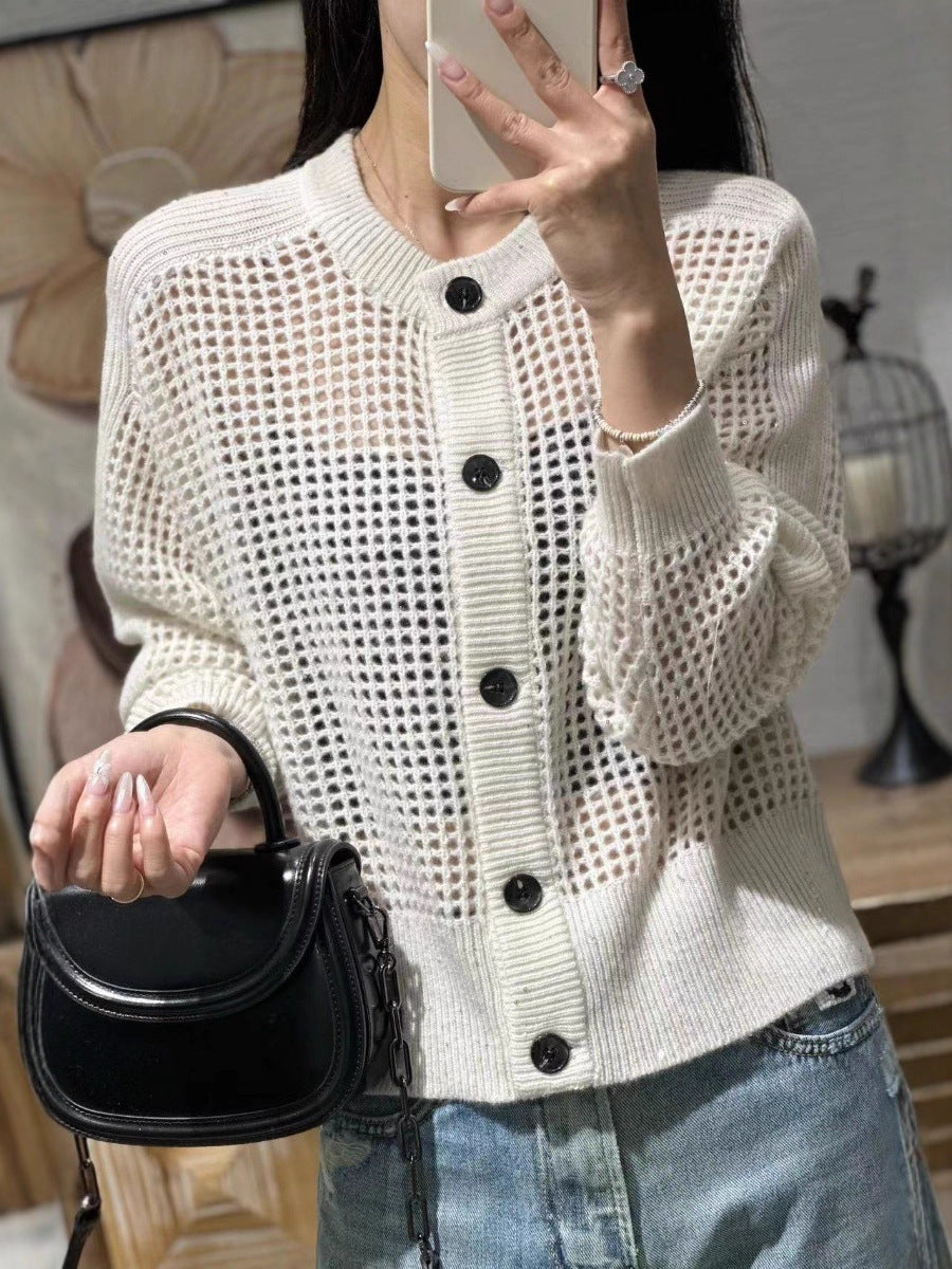 Cardigan en maille pour femmes avec col rond, patte de boutonnage et manches longues