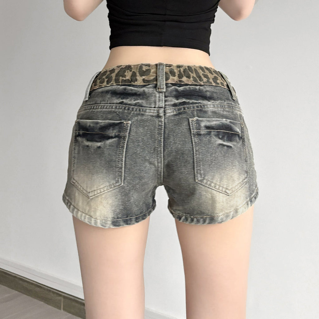Shorts en jean pour femmes avec motif léopard et taille froncée R&B
