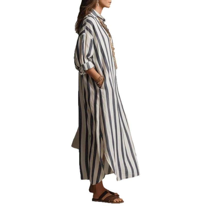 Robe chemise longue à rayures pour femmes en look lin avec décolleté en V et poches passepoilées Echoarchiv