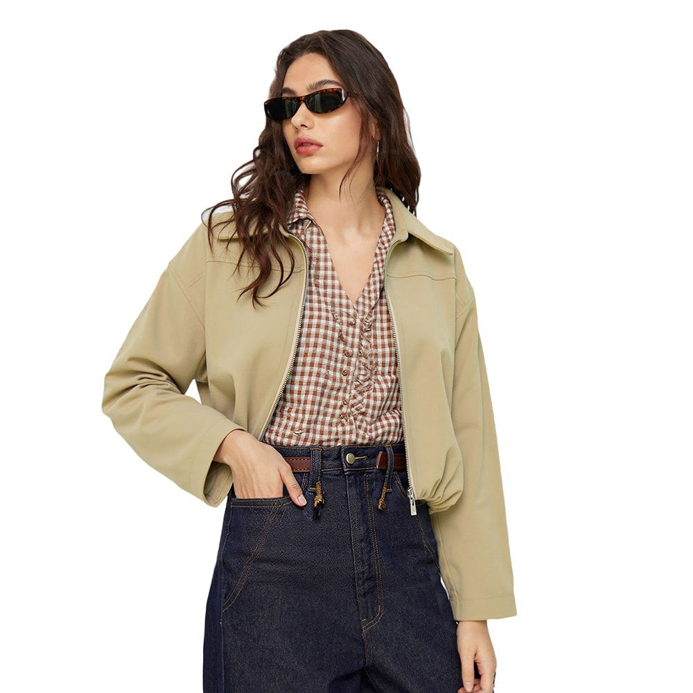 Veste bomber courte oversize pour femmes avec fermeture éclair, col léger et ourlet élastique