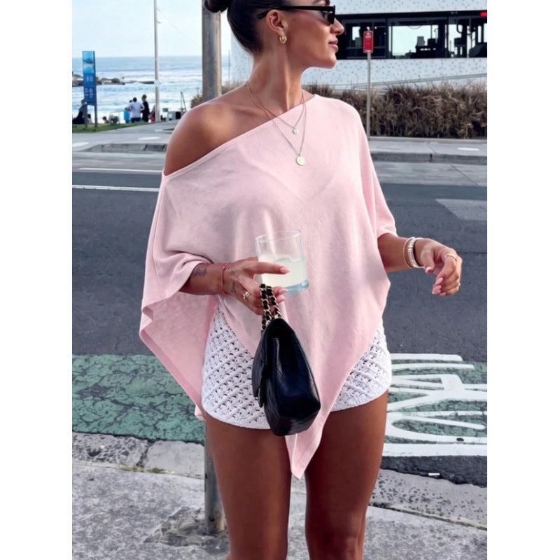 Top poncho asymétrique à épaules nues pour femmes en tricot léger Echoarchiv