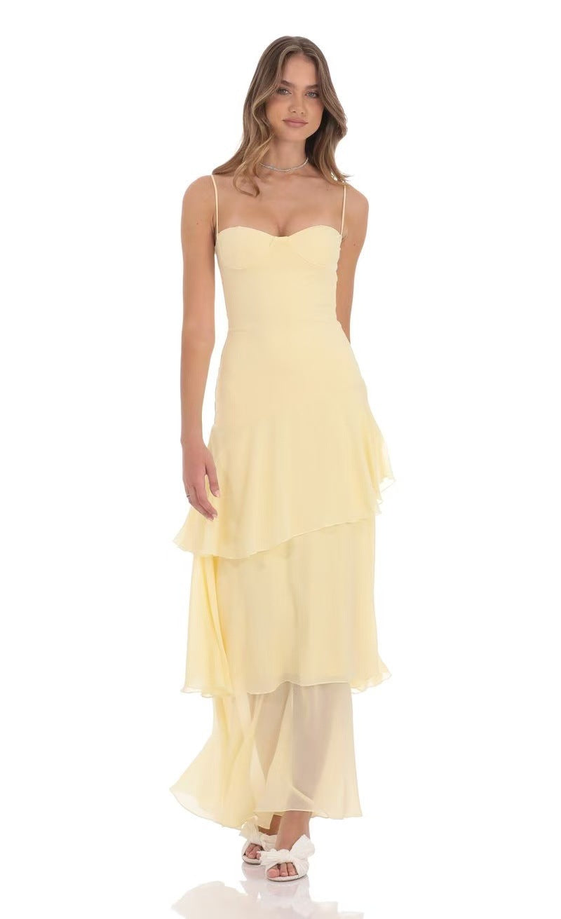 Robe maxi à volants pour femmes avec décolleté en cœur et fines bretelles spaghetti R&B
