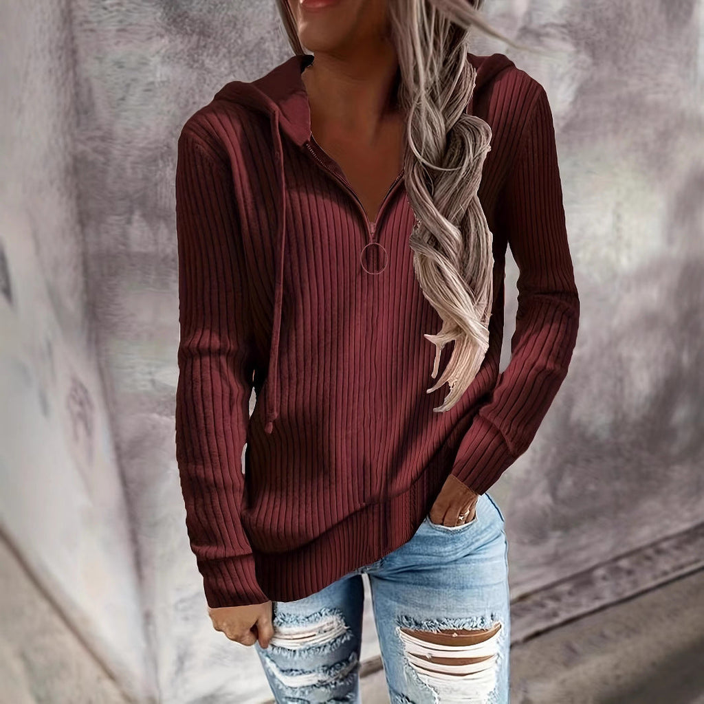 Hoodie à col montant en tricot côtelé pour femmes avec fermeture éclair mi-haute et tirette en anneau Echoarchiv
