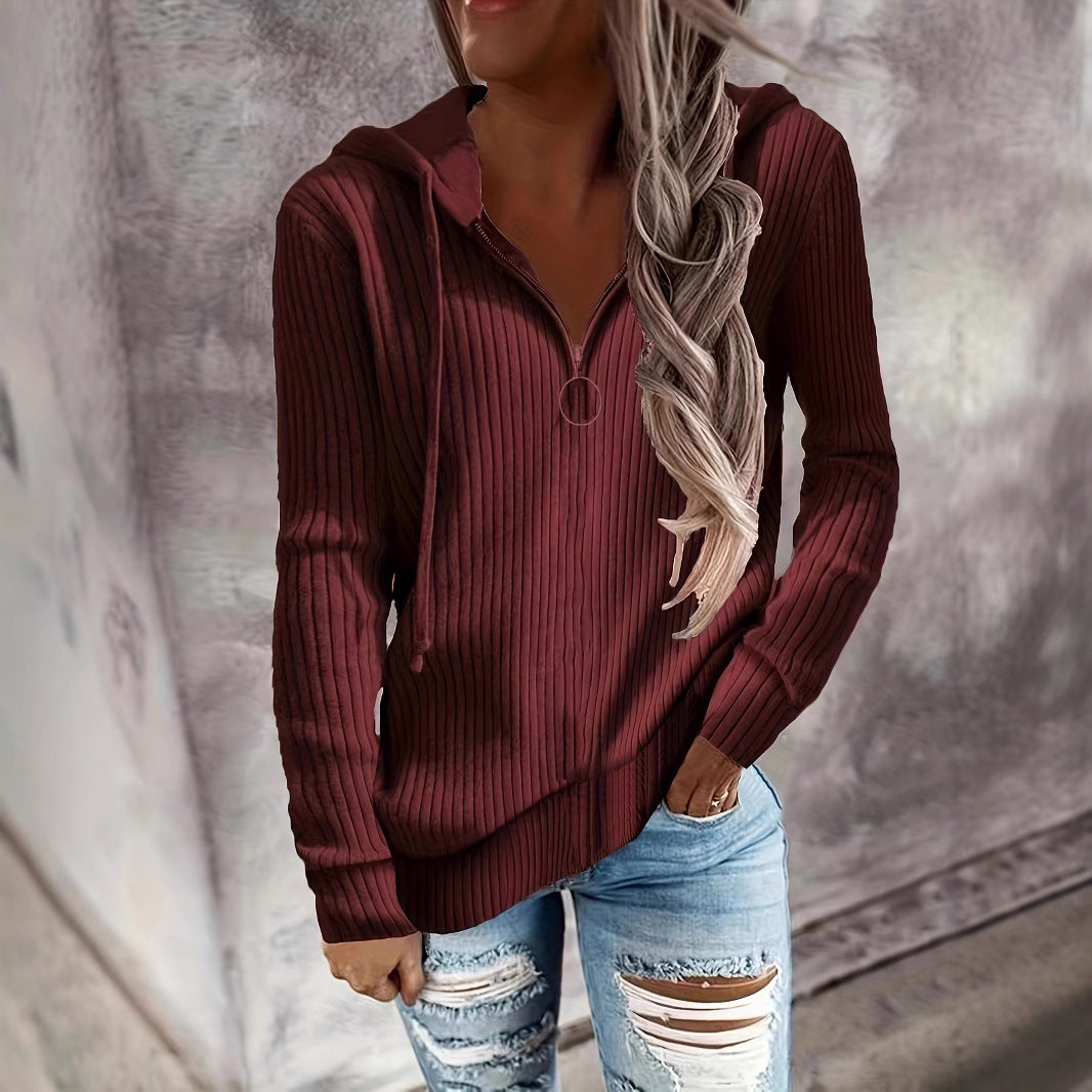 Hoodie à col montant en tricot côtelé pour femmes avec fermeture éclair mi-haute et tirette en anneau Echoarchiv