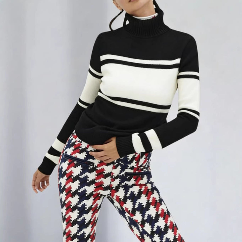 Robe en tricot à col roulé long pour femmes avec motif étoile, rayures bloc et bord-côte élastique
