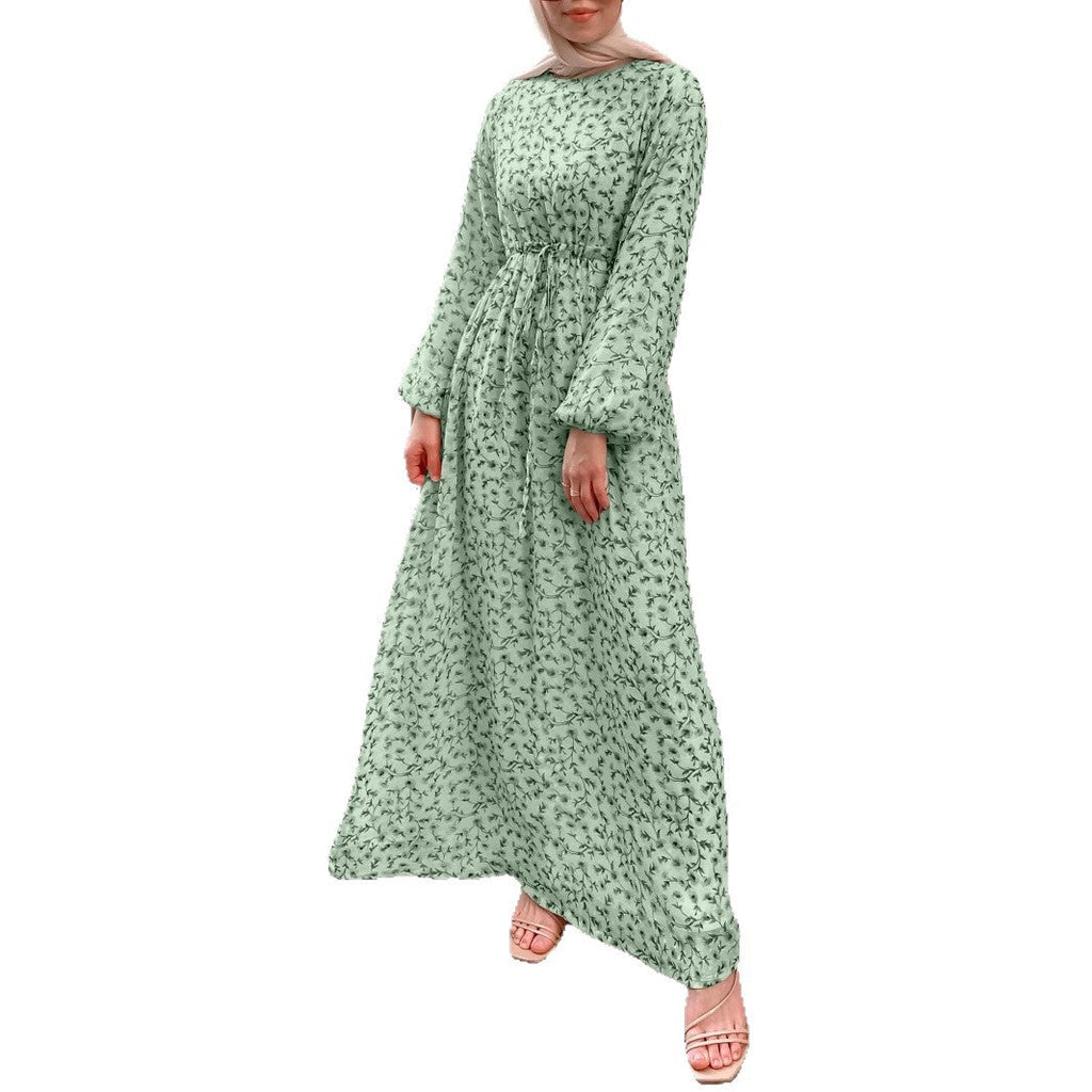 Robe maxi à fleurs pour femmes avec taille à cordon et manches ballon