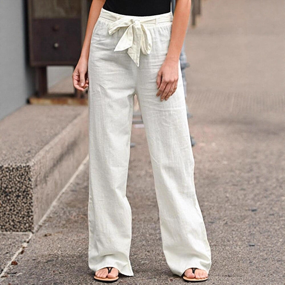 Pantalon large de lounge pour femmes avec taille élastique haute et cordon décoratif