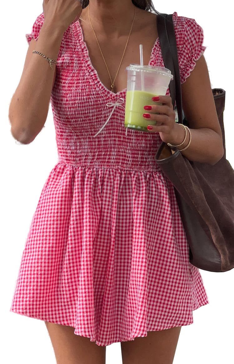 Robe courte froncée pour femmes avec décolleté en V et détails en volants R&B