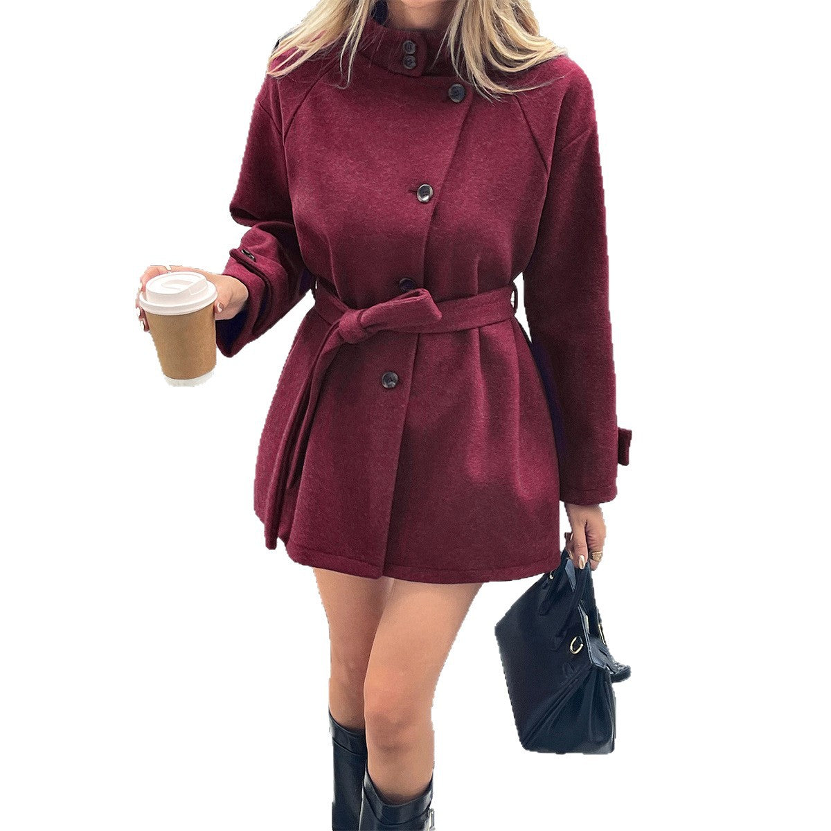 Manteau court cintré pour femmes avec col montant, ceinture à nouer et manches raglan Echo Archiv