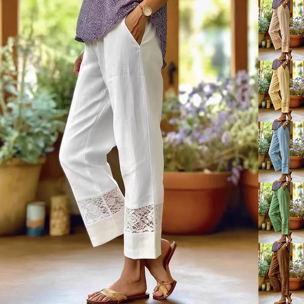 Pantalon léger en lin pour femmes avec accents en dentelle R&B