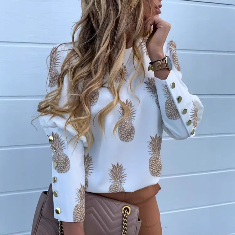 Blouse à manches longues imprimée pour femmes avec motif chaîne et poignets décoratifs Echoarchiv