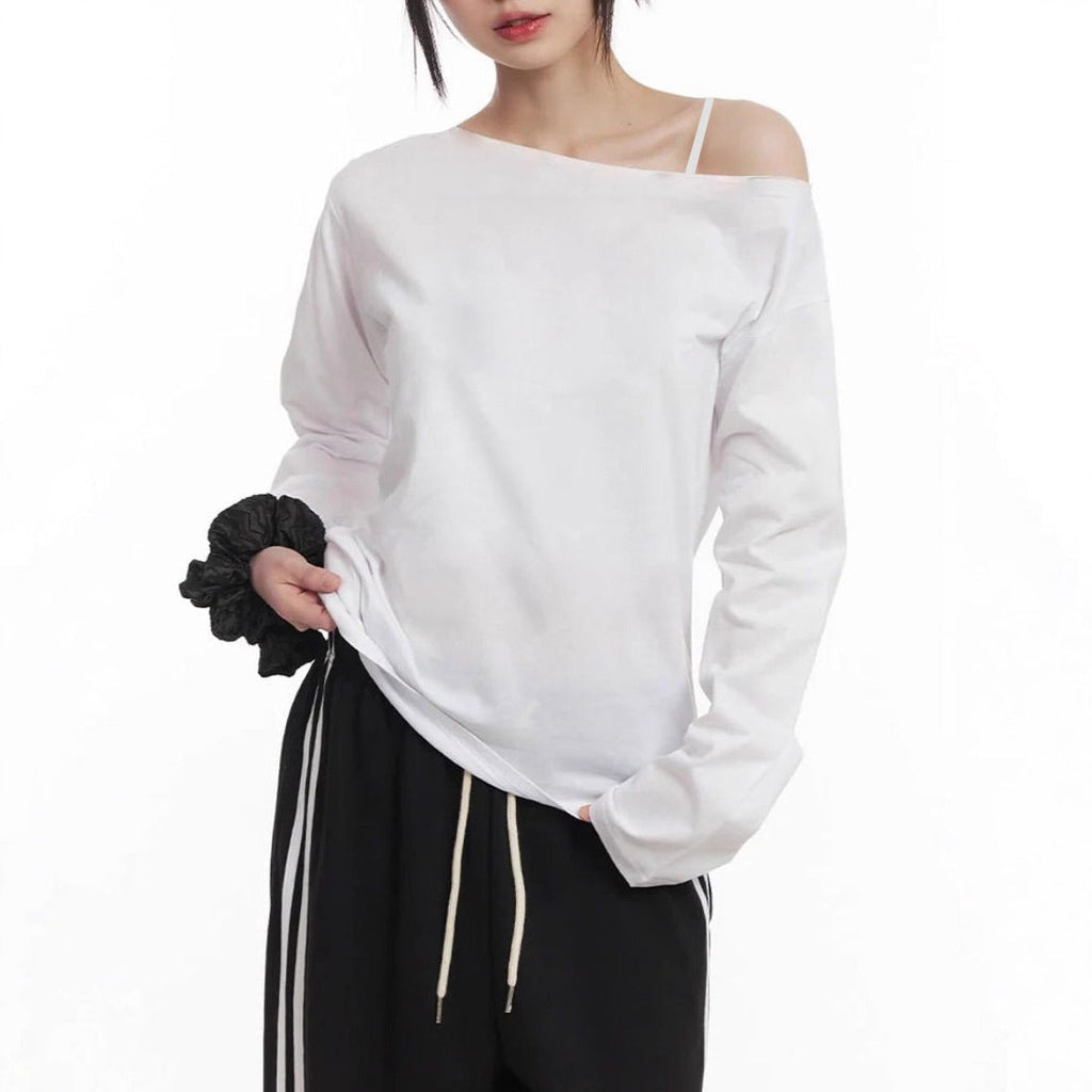 T-shirt long à manches longues asymétrique Off-Shoulder pour femmes en coton stretch avec coupe oversize Echo Archiv