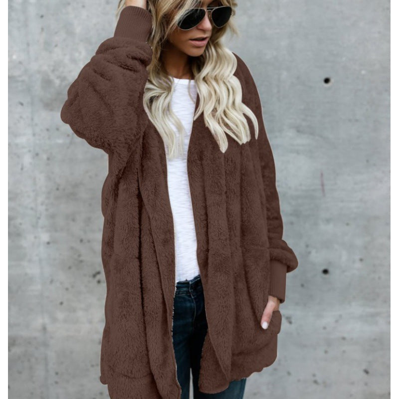Manteau en Teddy‑Fleece oversize pour femmes avec ouverture frontale, poches latérales et bords côtelés Echo Archive