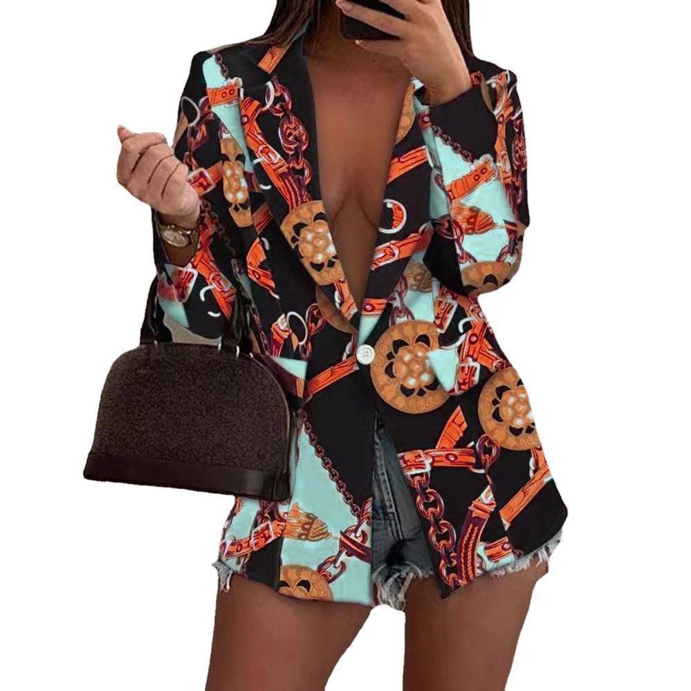 Blazer long à motifs pour femmes avec fermeture à un bouton et imprimé foulard Echoarchiv