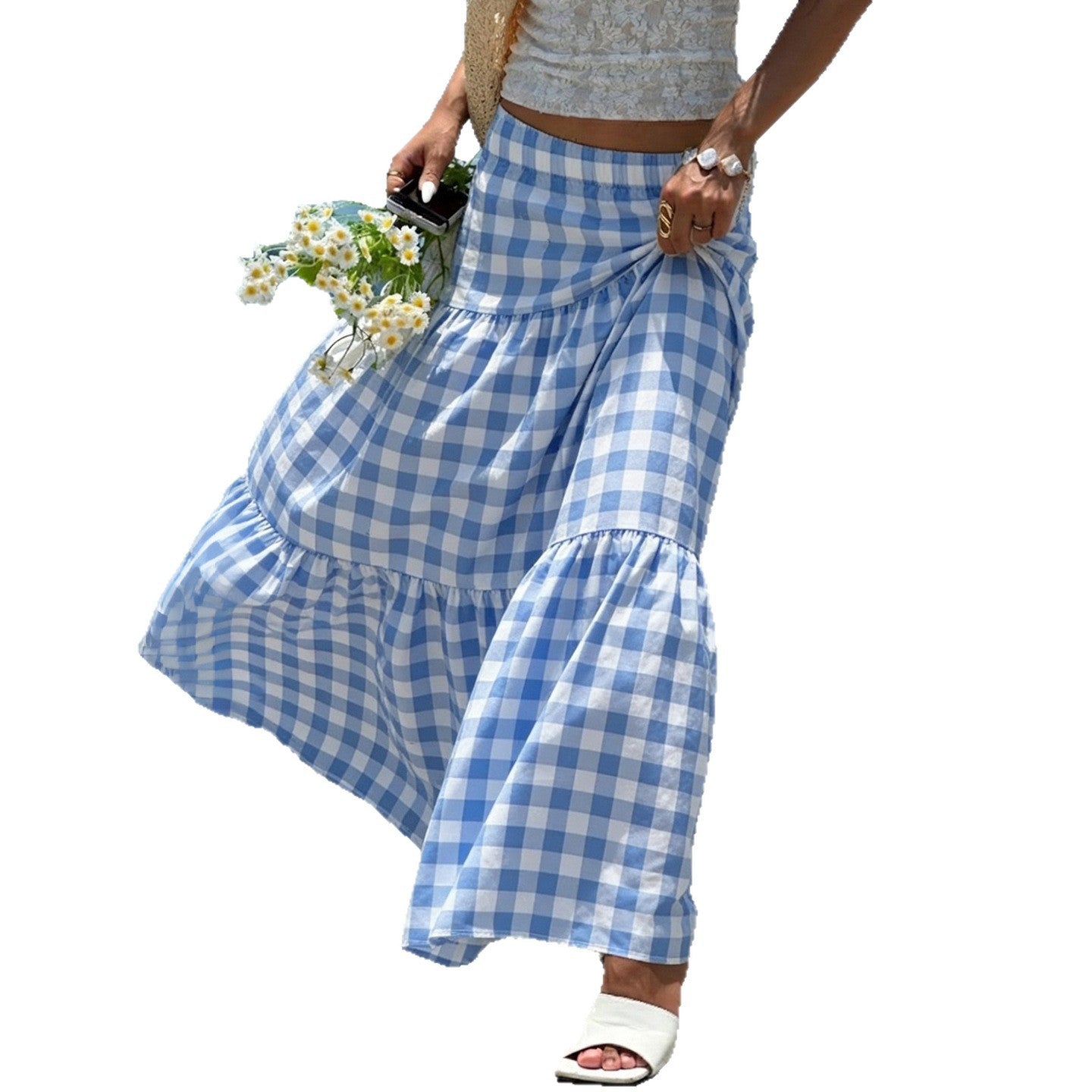 Jupe longue en viscose pour femmes avec un motif à carreaux volumineux et une taille élastique R&B